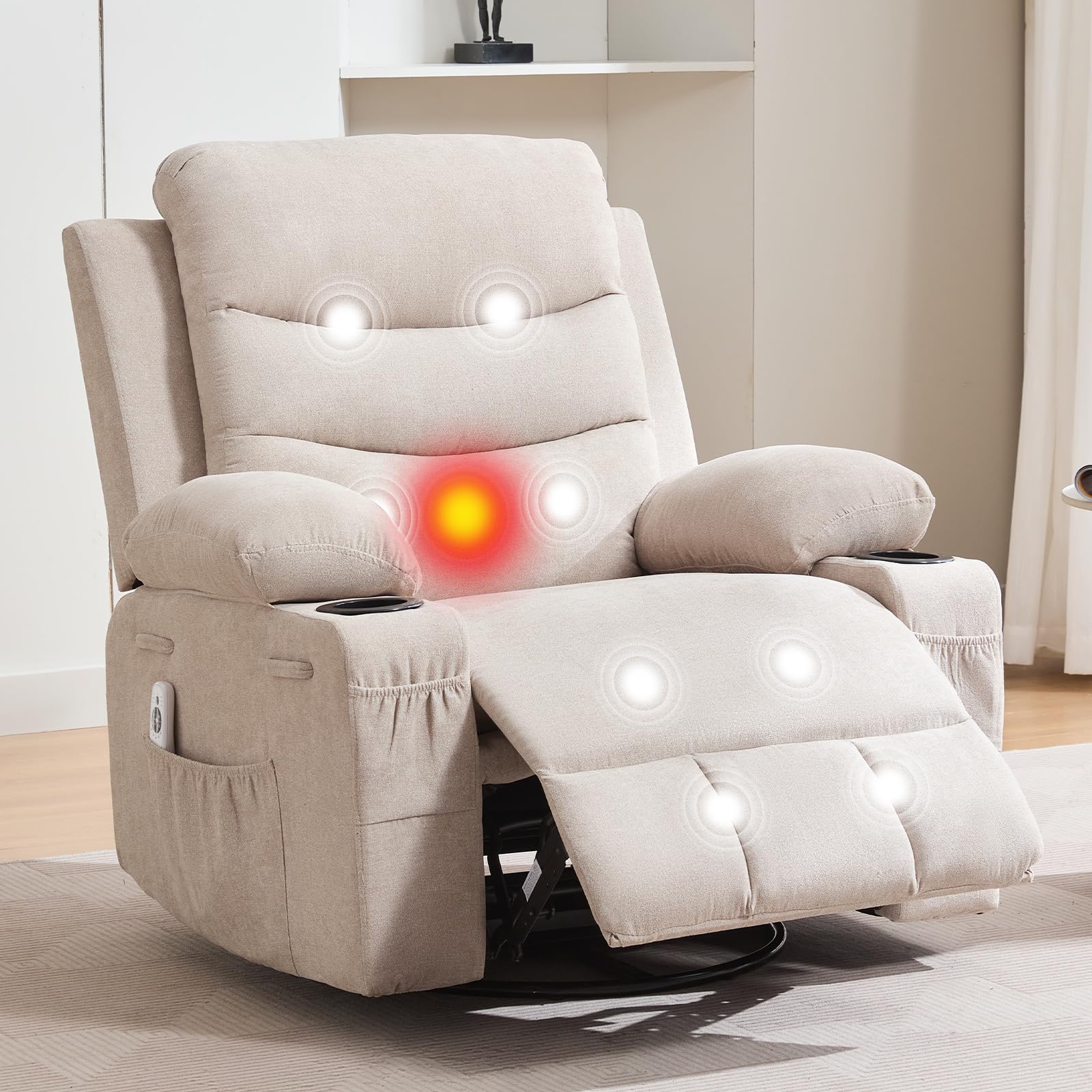 Garvee Swivel Recliner Chair, Oversize Recliners for Elderly with Heat and Massage, Cup Holders, Side Pocket, Single Sofa Seat for Living Room, Beige