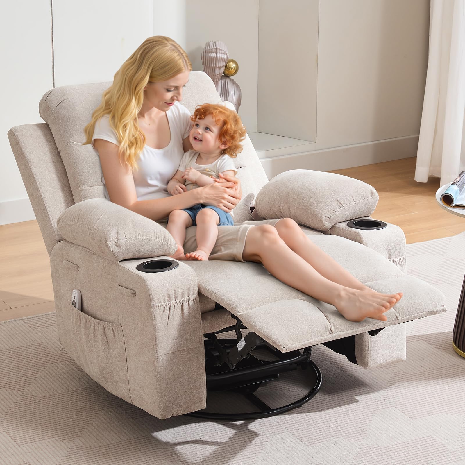 Garvee Swivel Recliner Chair, Oversize Recliners for Elderly with Heat and Massage, Cup Holders, Side Pocket, Single Sofa Seat for Living Room, Beige
