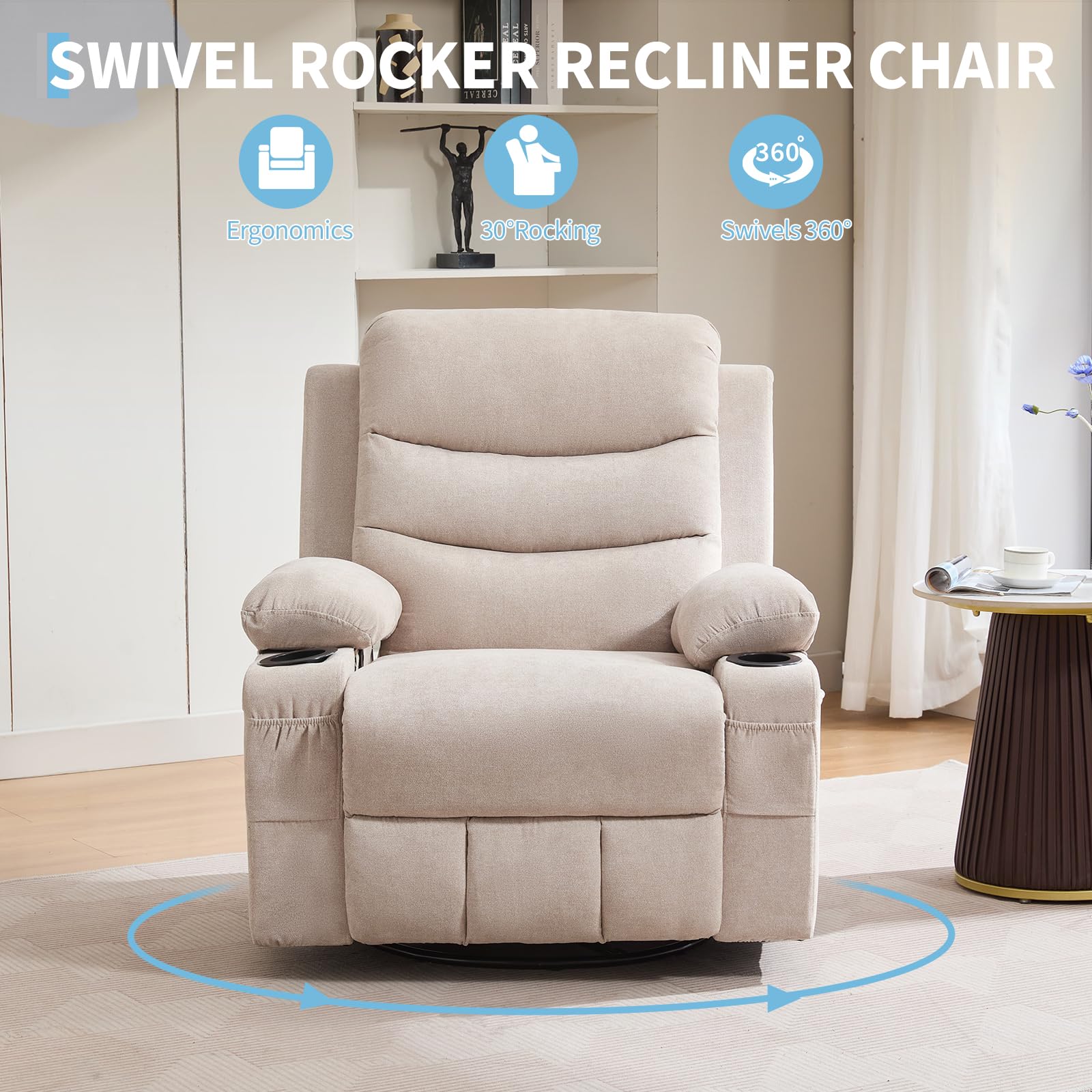 Garvee Swivel Recliner Chair, Oversize Recliners for Elderly with Heat and Massage, Cup Holders, Side Pocket, Single Sofa Seat for Living Room, Beige