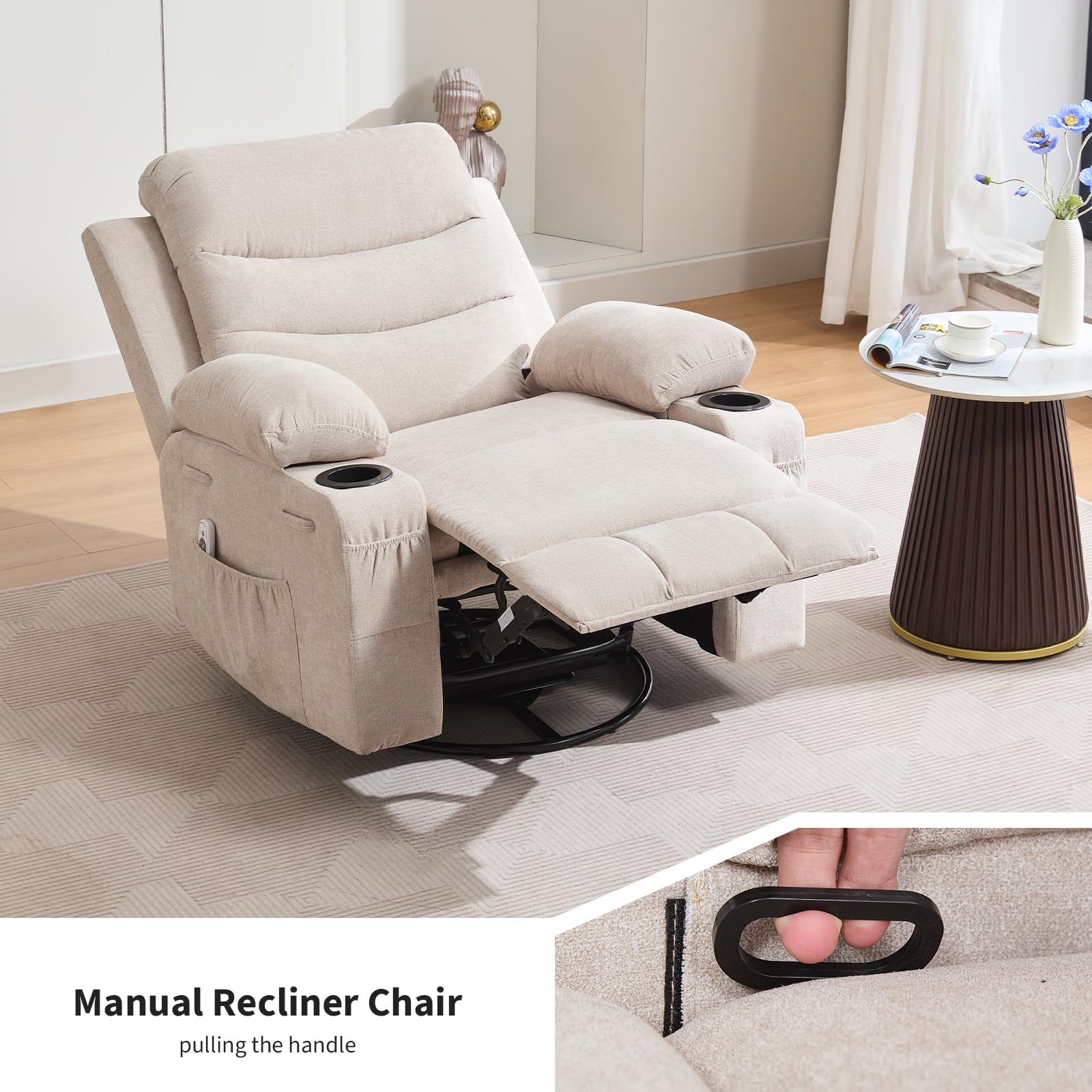 Garvee Swivel Recliner Chair, Oversize Recliners for Elderly with Heat and Massage, Cup Holders, Side Pocket, Single Sofa Seat for Living Room, Beige