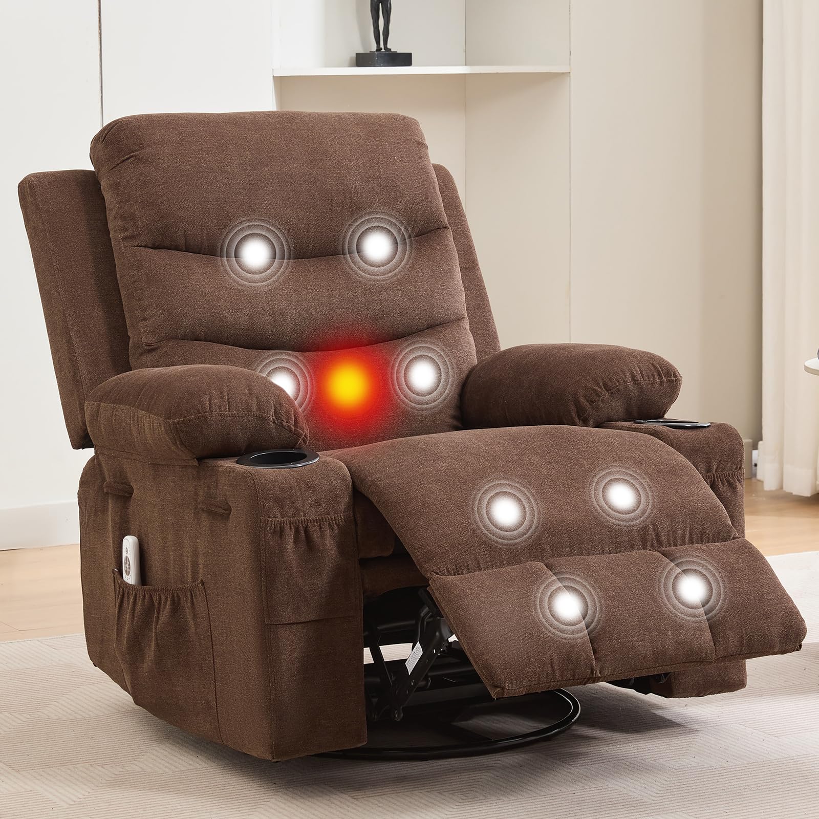 Garvee Recliner Chair Nursery, Oversized Manual Reclining Rocking Chair, Corduroy 360 Swivel Glider with Cup Holder, Massage and Heat Recliner, Small Sofa Chairs for Adults, Living Room, RV, Bedroom, Brown