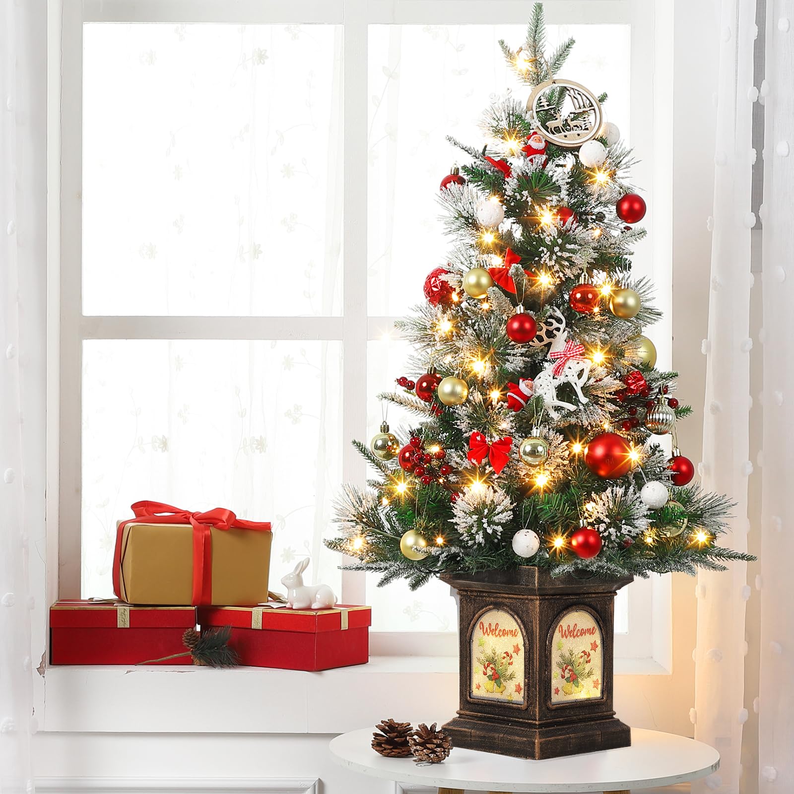 Garvee 3ft Mini Christmas Tree, Premium Snow Flocked Artificial Christmas Tree with 78 Warm White LED Lights, Pre Lit Xmas Pine Tree for Christmas Decoration, Yard, Home, Office