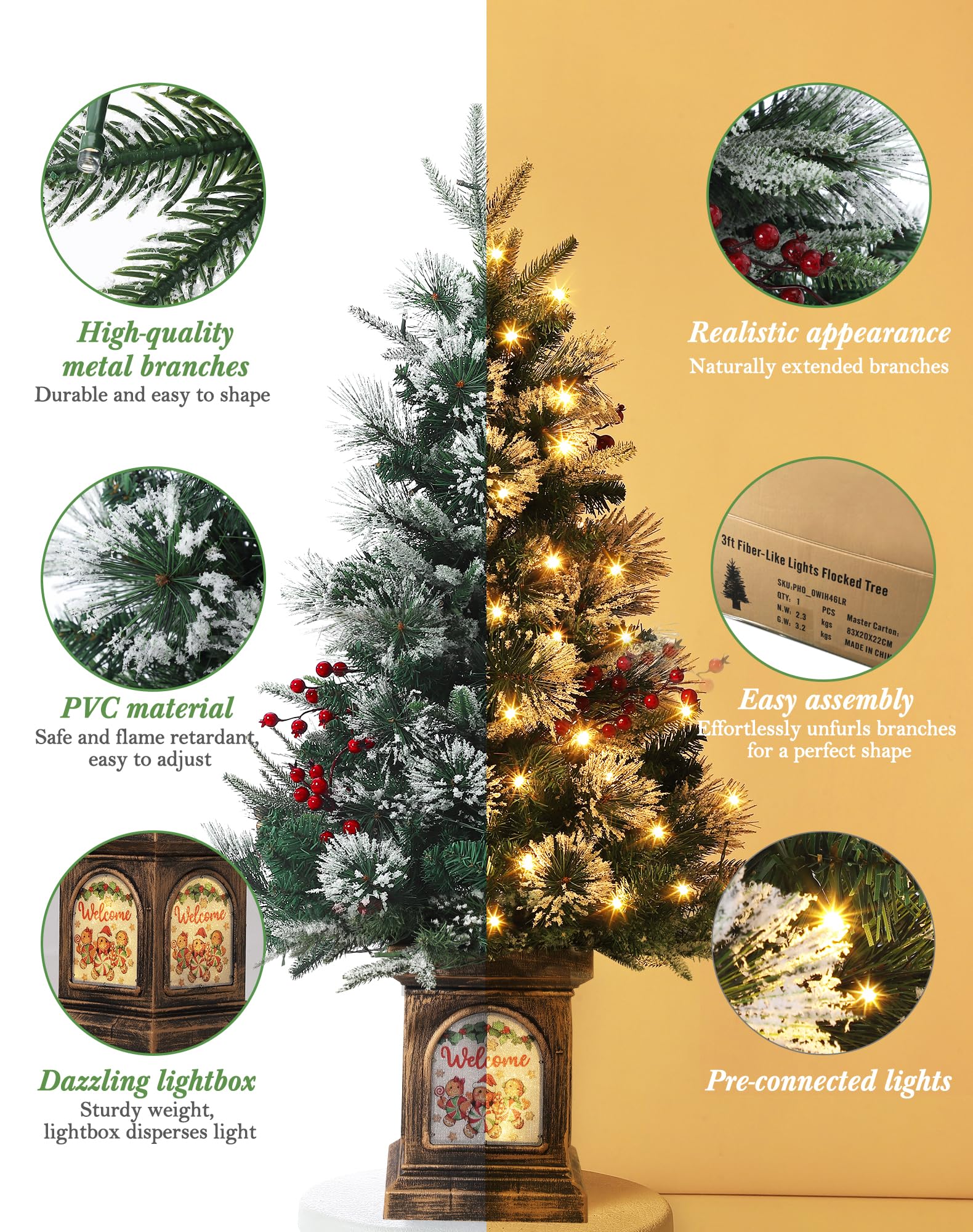 Garvee 3ft Small Christmas Tree, Pre Lit Snow Flocked Artificial Christmas Tree with 78 Warm White LED Lights, Premium Xmas Pine Tree for Christmas Decoration, Yard, Home, Office(2 PCS)
