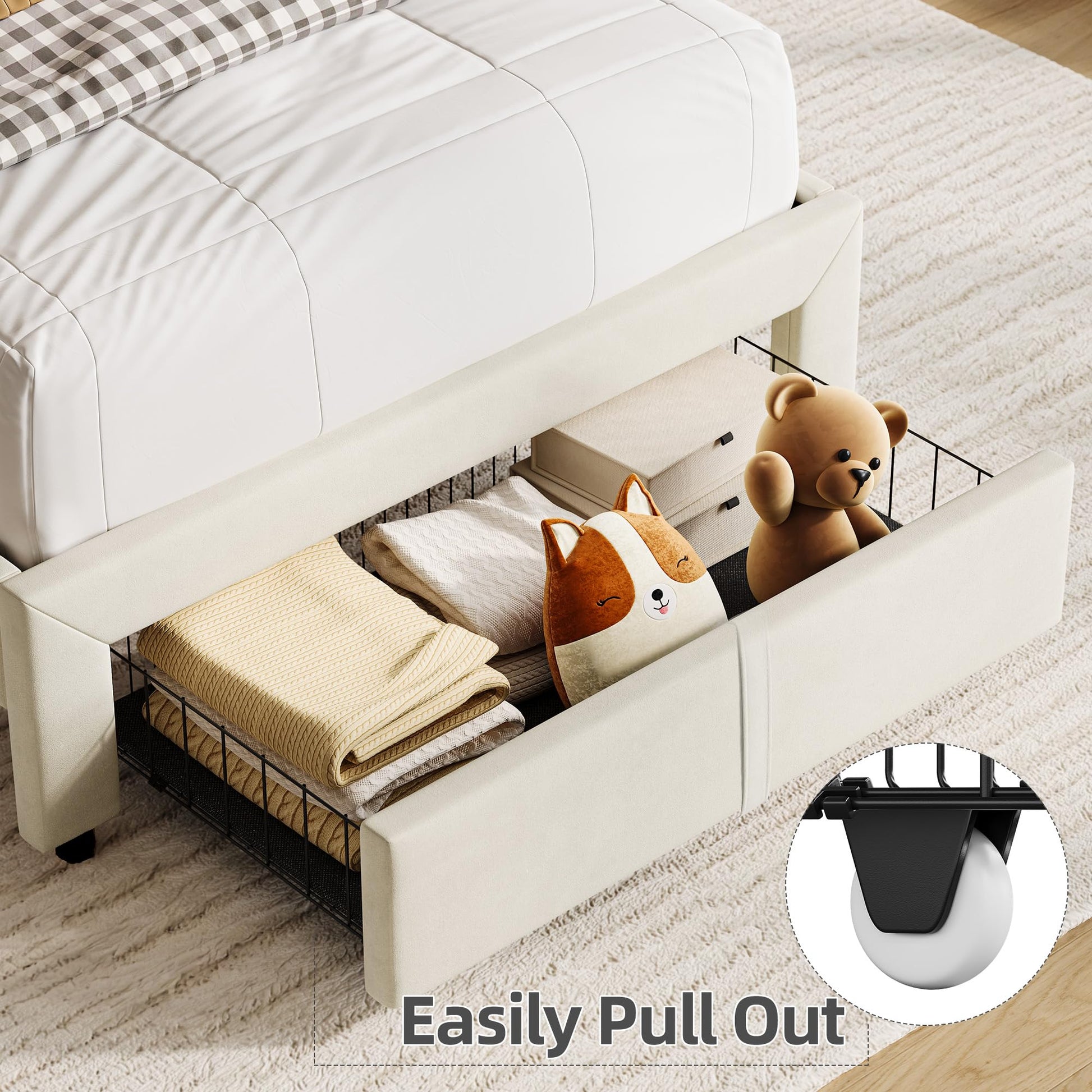 Garvee Twin Bed Frame with Drawer, Velvet Upholstered Platform Bed Frame with Storage Headboard, No Box Spring Needed, Easy Assembly, Noise-Free, Off White