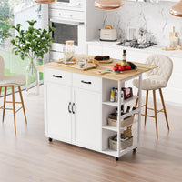 Garvee 43.12'' Wide Wood Top Kitchen Island Table with 2 Door Cabinets 2 Storage Drawers, Spice Rack Towel Rack, Wine Rack Kitchen Push Table with Folding Leaf Roller