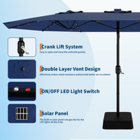 Garvee 15' × 9' Double-Sided Patio Umbrella with Base, 36 Solar LED Lights, Crank Lift & 12 Steel Ribs, Navy Blue