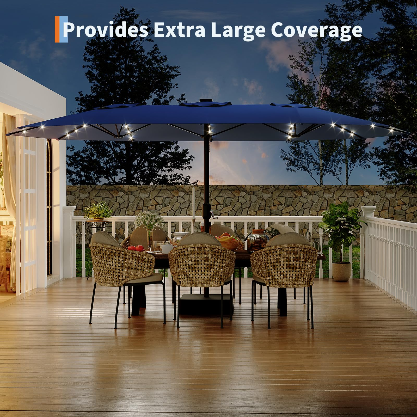 Garvee 15' × 9' Double-Sided Patio Umbrella with Base, 36 Solar LED Lights, Crank Lift & 12 Steel Ribs, Navy Blue