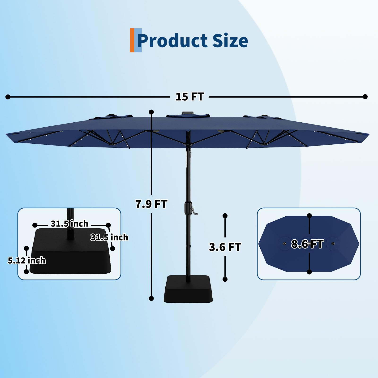 Garvee 15' × 9' Double-Sided Patio Umbrella with Base, 36 Solar LED Lights, Crank Lift & 12 Steel Ribs, Navy Blue