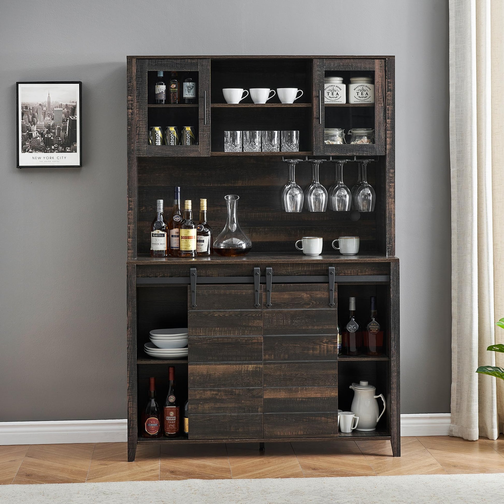 Garvee 70'' Wine Coffee Bar Cabinet with Storage Hutch, Tall Kitchen Pantry Liquor Cabinet with Sliding Barn Doors, Bottle Glasses Rack, Farmhouse Buffet for Home Dining Room, Oak