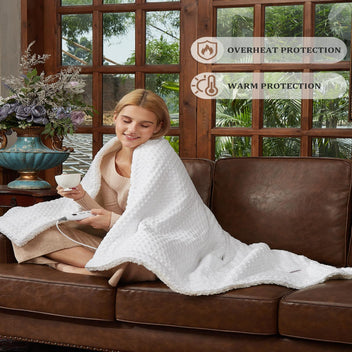 Garvee Heated Blanket Throw, Waffle Weave Electric Throw Blanket Fast Heating with LCD Controller, 6 Heat Levels & 4 Hour Auto Shut Off, ETL Certified, Machine Washable, White, 50" x 60"