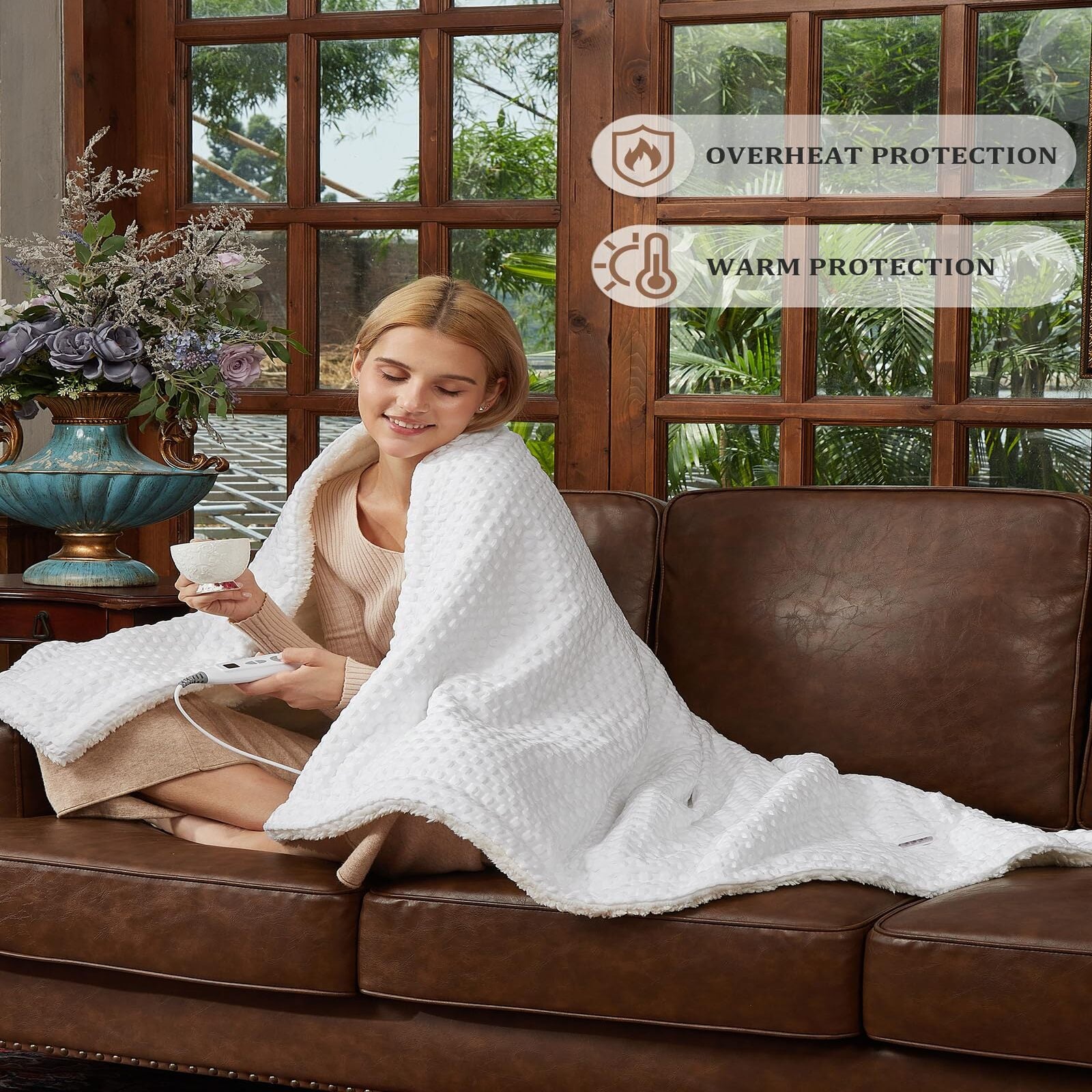 Garvee Heated Blanket Throw, Waffle Weave Electric Throw Blanket Fast Heating with LCD Controller, 6 Heat Levels & 4 Hour Auto Shut Off, ETL Certified, Machine Washable, White, 50" x 60"
