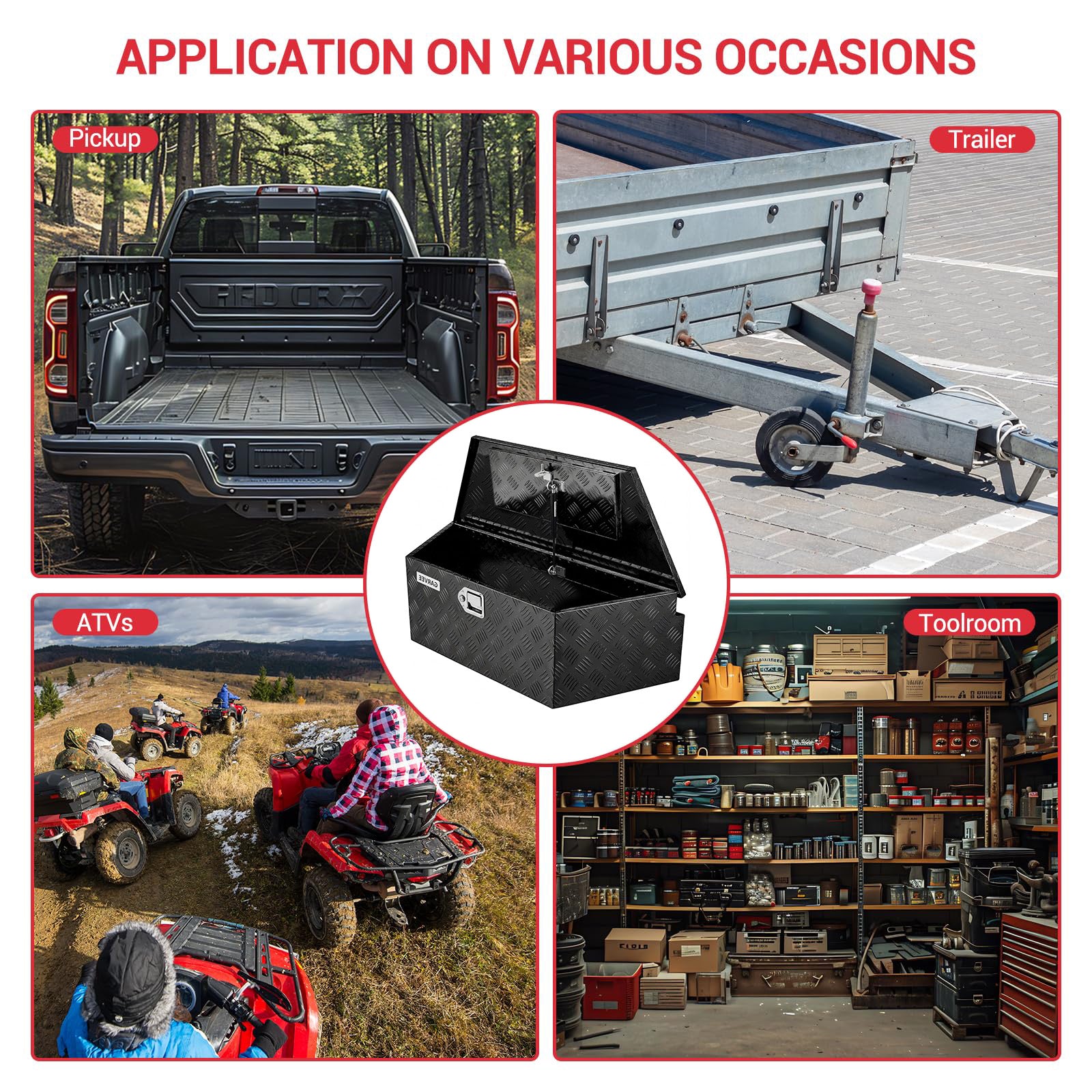 Garvee 33Inch Trailer Tongue Boxes,Heavy Duty Aluminum Trailer Tool Box With Lock and Keys,Diamond Plate Storage Box,Waterproof Trailer Box for Pick Up Truck Bed,RV Trailer,Black