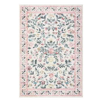 Garvee Floral Rug 4 x 6, Non-Shedding Indoor Foldable Printed Rug for Bedroom Kitchen, Non-Slip Soft Vintage Throw Low Pile Farmhouse Washable Carpet, Pink
