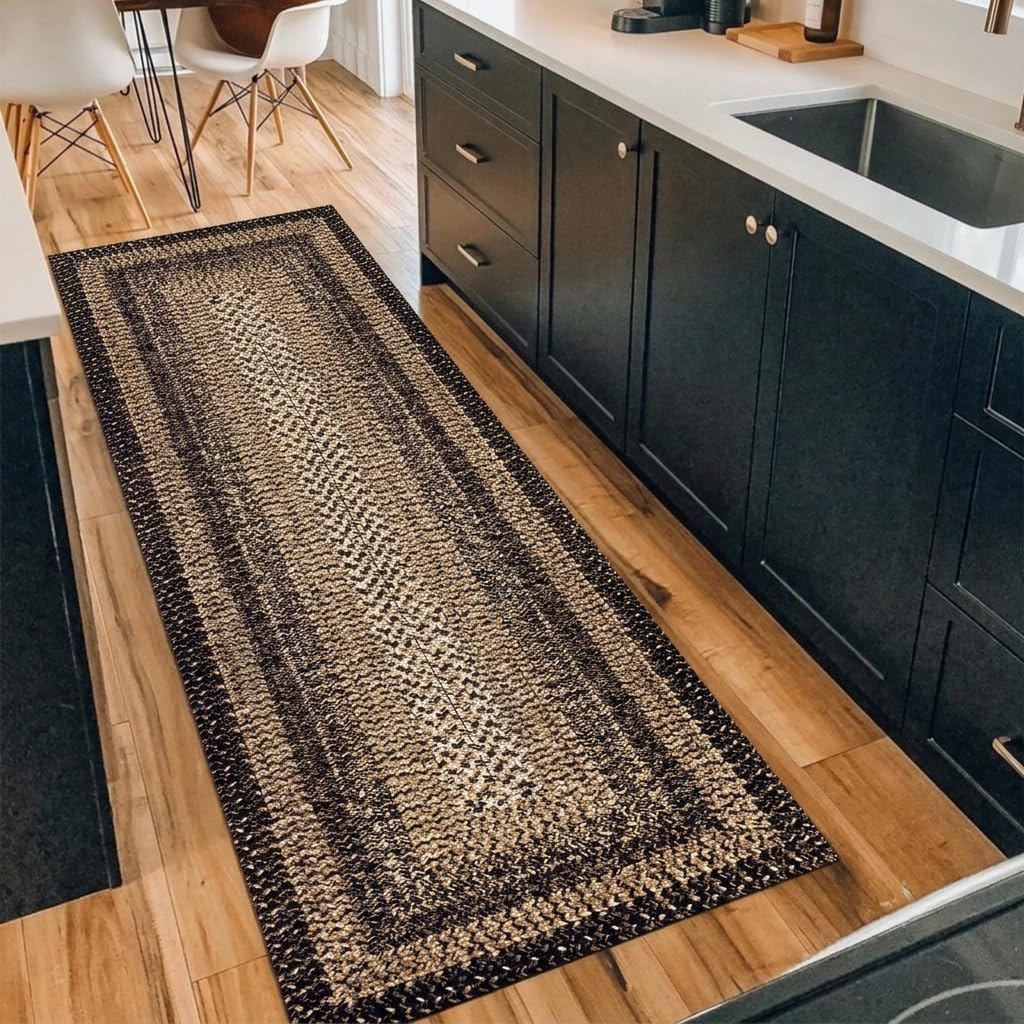 Garvee 2' × 10' Woven Border Runner Rug, Soft Washable Low-Pile Polyester Carpet with Non-Slip Backing for Hallway, Kitchen and Entryway, Black/Beige