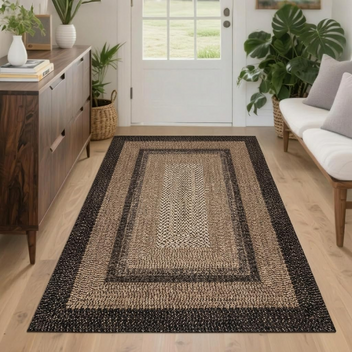 Garvee 6' × 9' Woven Border Area Rug, Washable Polyester Carpet with Non-Slip Backing for Living Room, Bedroom and Dining Room, Black/Beige