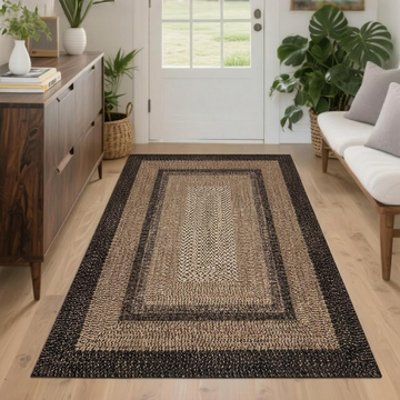 Garvee 8' × 10' Woven Border Area Rug, Washable Polyester Carpet with Non-Slip Backing for Living Room, Bedroom and Dining Room, Black/Beige