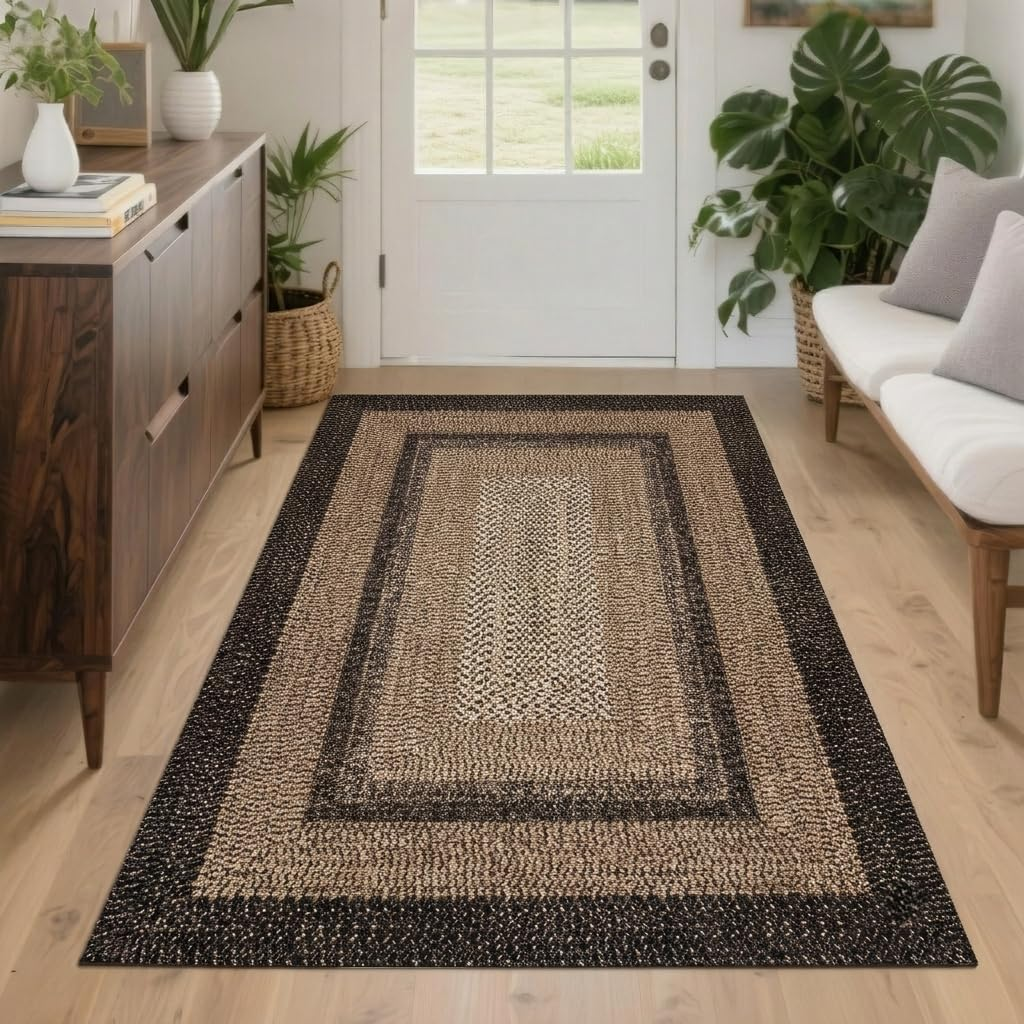 Garvee 8' × 10' Woven Border Area Rug, Washable Polyester Carpet with Non-Slip Backing for Living Room, Bedroom and Dining Room, Black/Beige