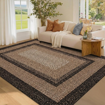 Garvee 9' × 12' Woven Border Area Rug, Washable Polyester Carpet with Non-Slip Backing for Living Room, Bedroom and Dining Room, Black/Beige