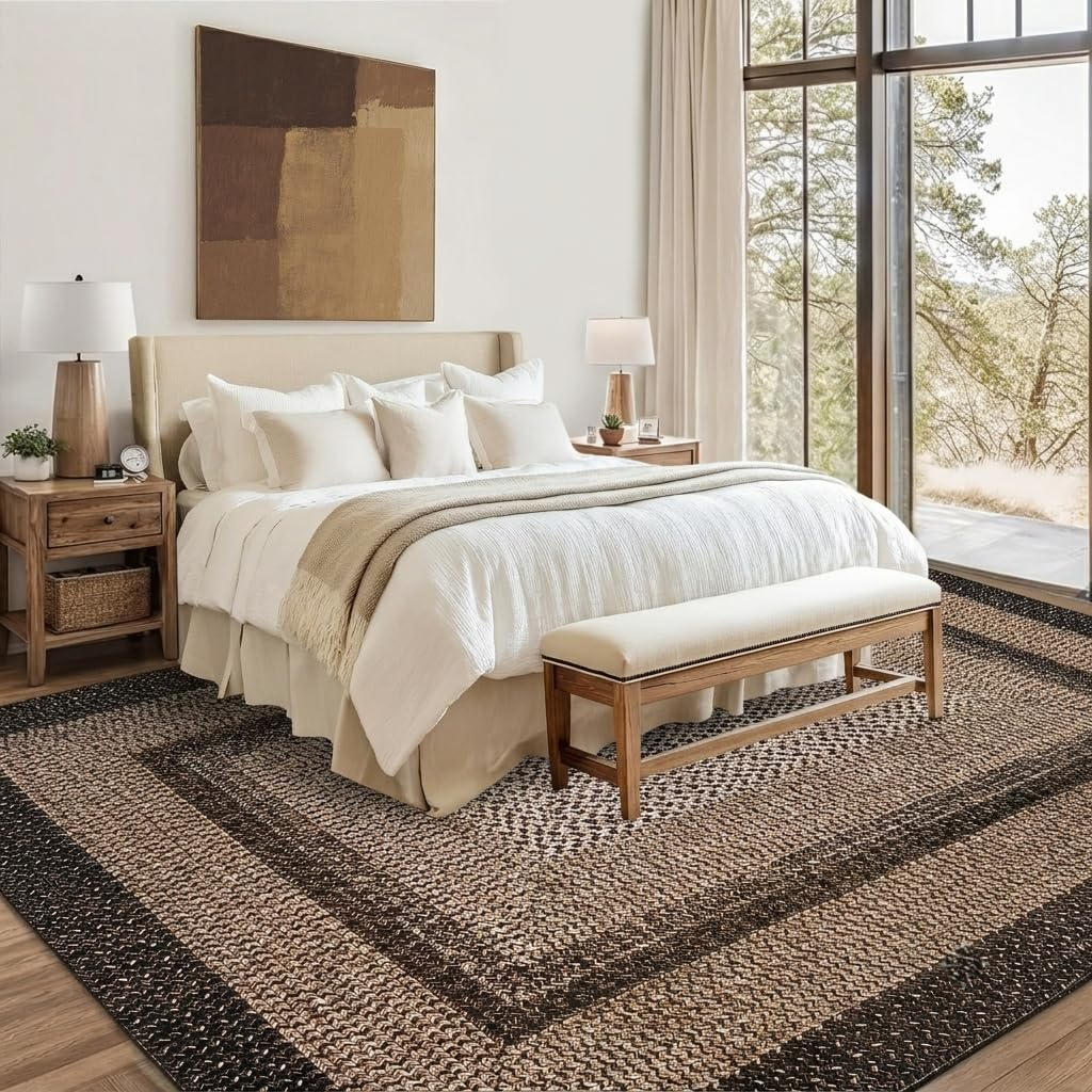Garvee 8' × 10' Woven Border Area Rug, Washable Polyester Carpet with Non-Slip Backing for Living Room, Bedroom and Dining Room, Black/Beige