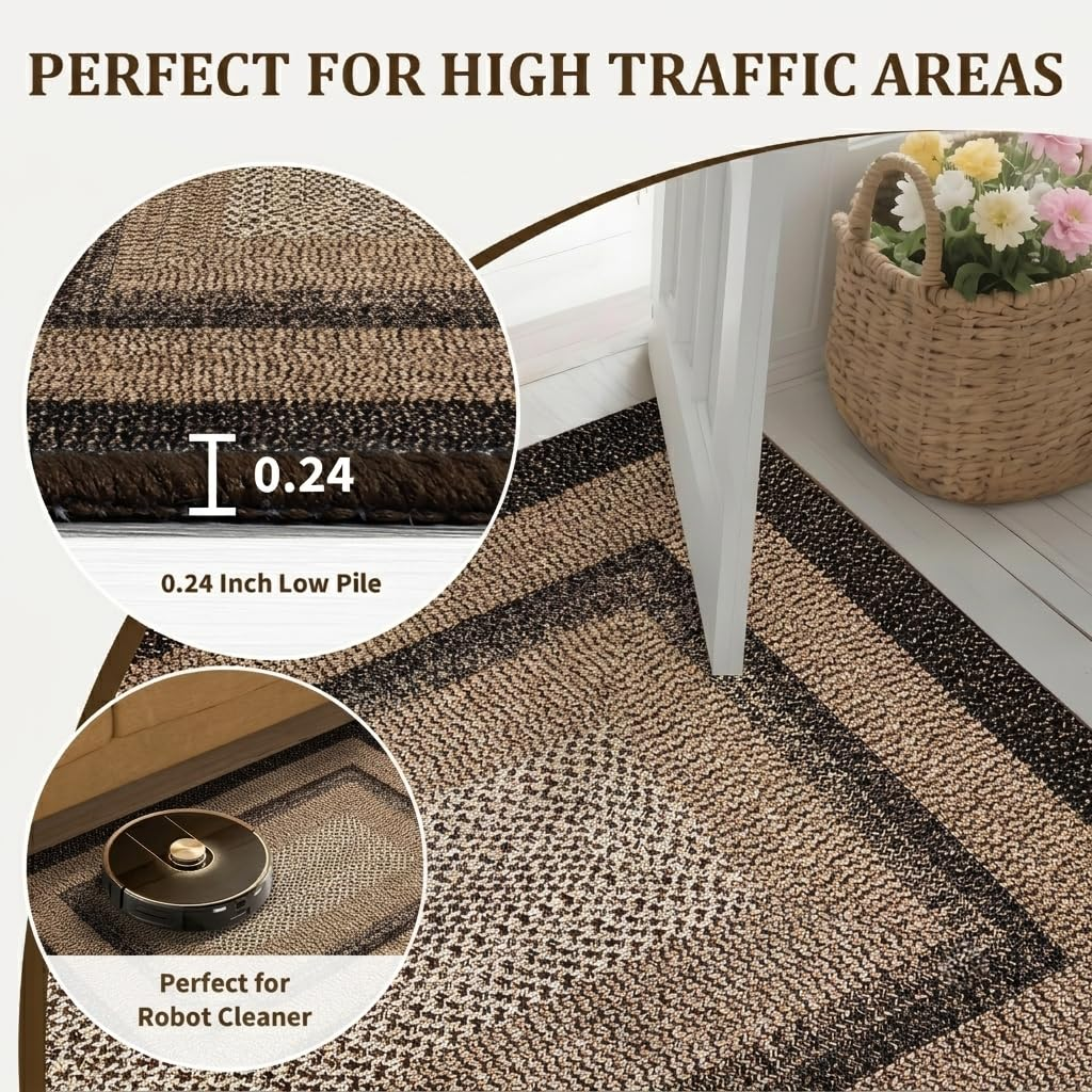 Garvee 2' × 10' Woven Border Runner Rug, Soft Washable Low-Pile Polyester Carpet with Non-Slip Backing for Hallway, Kitchen and Entryway, Black/Beige