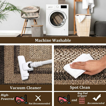 Garvee 6' × 9' Woven Border Area Rug, Washable Polyester Carpet with Non-Slip Backing for Living Room, Bedroom and Dining Room, Black/Beige