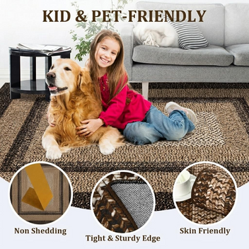 Garvee 2' × 10' Woven Border Runner Rug, Soft Washable Low-Pile Polyester Carpet with Non-Slip Backing for Hallway, Kitchen and Entryway, Black/Beige