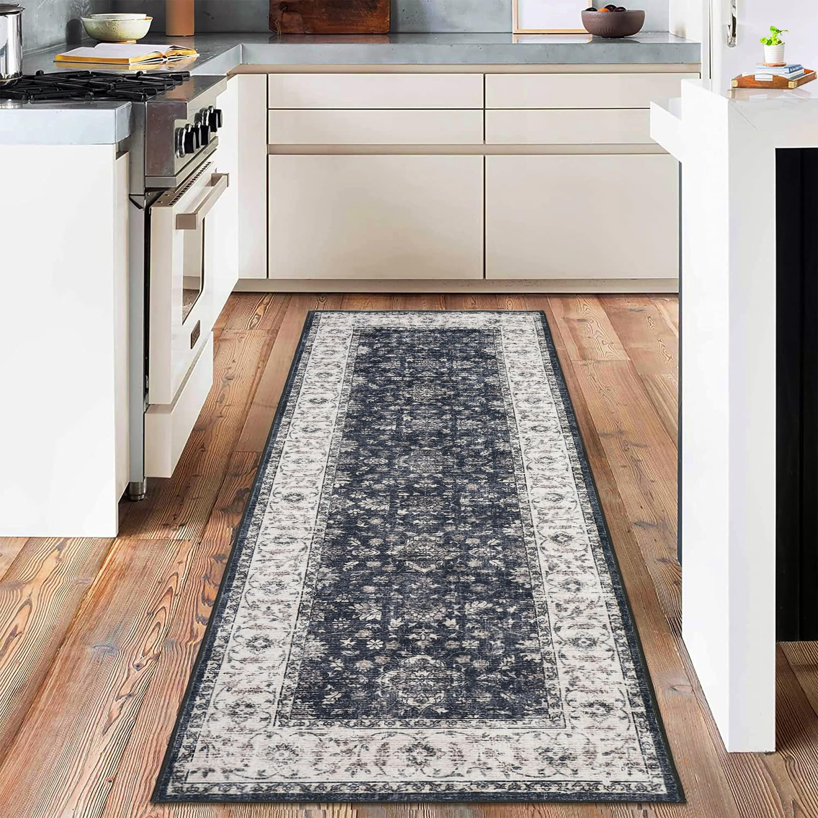 Garvee Vintage Boho Runner Rugs Black & Grey 2'x6' Washable Non-Slip Soft Pastel Carpet for Living Room Bedroom Dining Nursery Office