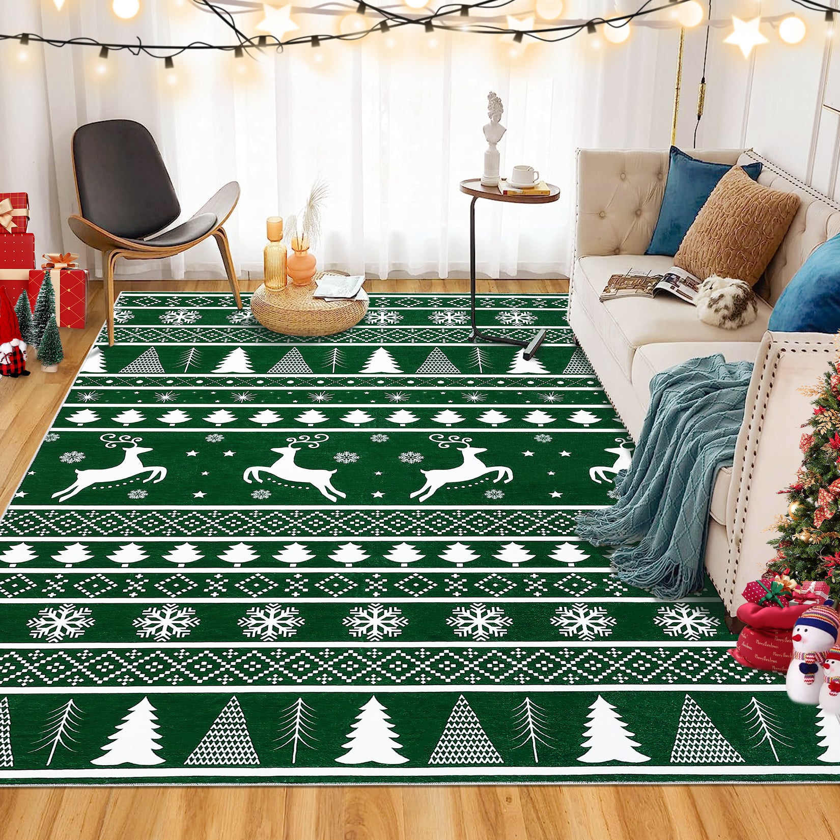 Garvee Christmas Area Rug 6x9 Rug for Living Room Machine Washable Rug Modern Deer Snowflake Green Rug for Bedroom Non Slip Carpet Stain Resistant Large Rug for Dining Room Classroom 6'x9' Green
