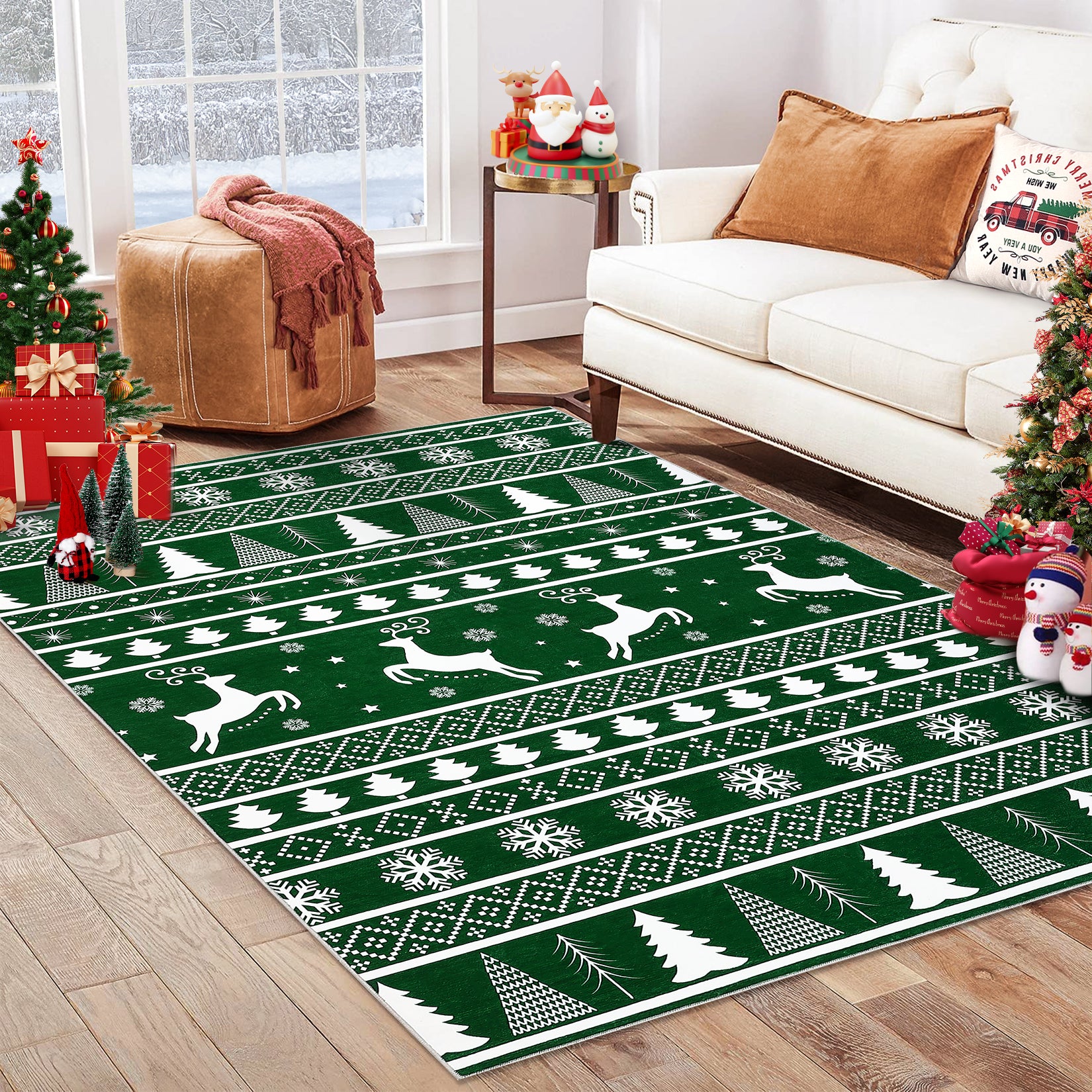 Garvee Christmas Area Rug 6x9 Rug for Living Room Machine Washable Rug Modern Deer Snowflake Green Rug for Bedroom Non Slip Carpet Stain Resistant Large Rug for Dining Room Classroom 6'x9' Green