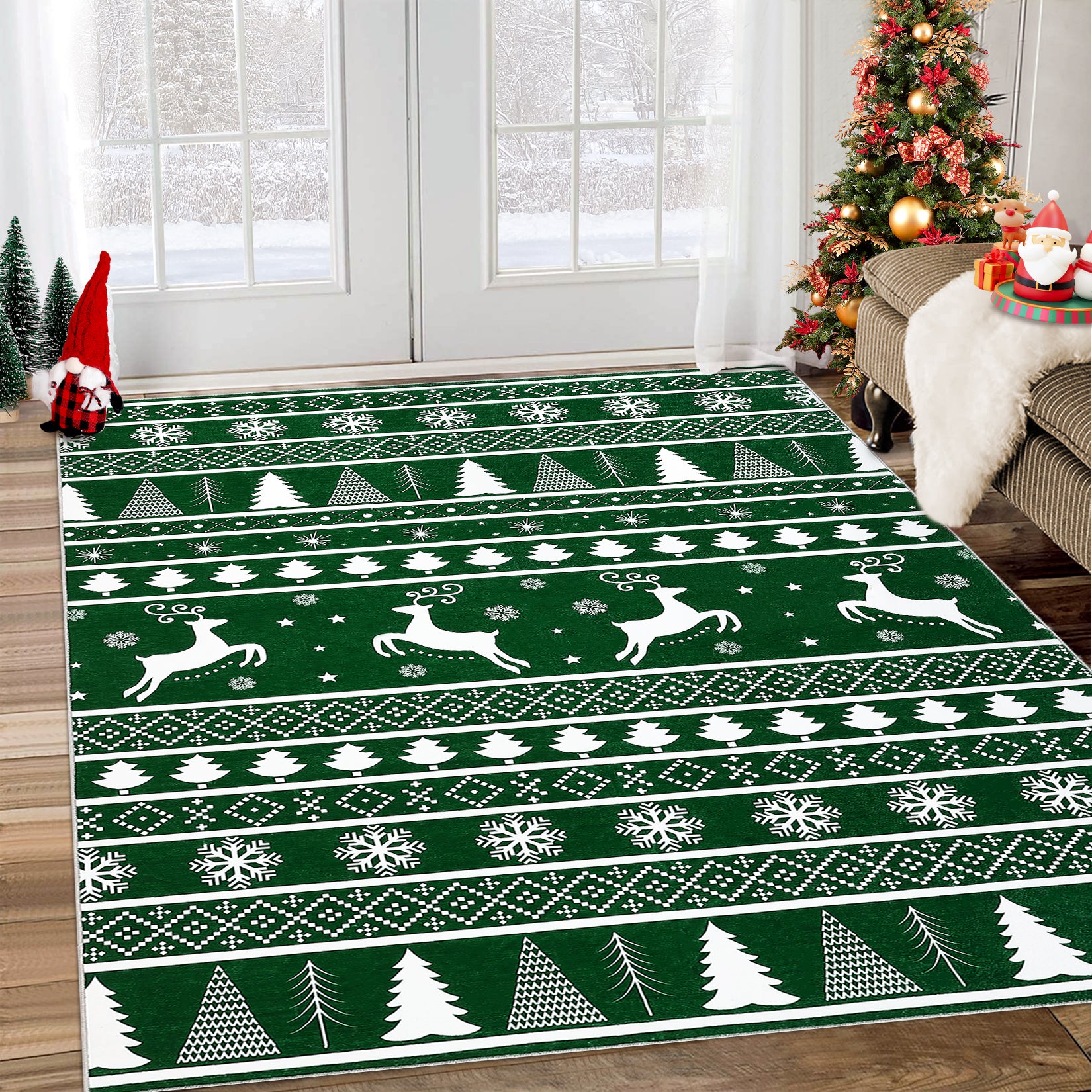 Garvee Christmas Area Rug 4x6 Rug Washable Rug Xmas Tree Deer Holiday Decor Modern Small Rug Artistic Entryway Rug Non Slip Carpet Soft Low Pile Accent Rugs for Nursery Living Room 4'x6' Green