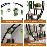 Garvee 2-Pack 5-Tier Half Moon Plant Stand, Curved Ladder Flower Pot Display Rack with Hanging, Powder-Coated Steel & MDF, Indoor/Outdoor, Brown
