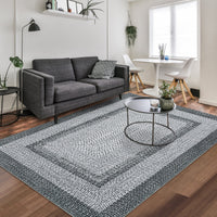 Garvee Bordered Grey 8x10 Boho Braided Rug, Washable Low Pile Polyester Non-Slip Carpet for High Traffic Living Room Bedroom