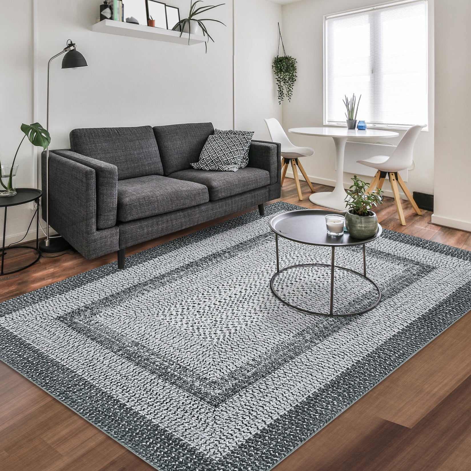 Garvee Bordered Grey 9x12 Boho Braided Area Rug, Washable Vintage Low-Pile Carpet with Non-Slip TPR Backing, Foldable Polyester for Living Room, Bedroom, Office