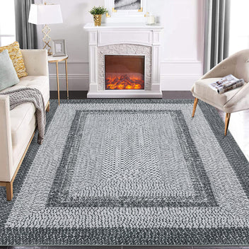 Garvee Bordered Grey 9x12 Boho Braided Area Rug, Washable Vintage Low-Pile Carpet with Non-Slip TPR Backing, Foldable Polyester for Living Room, Bedroom, Office