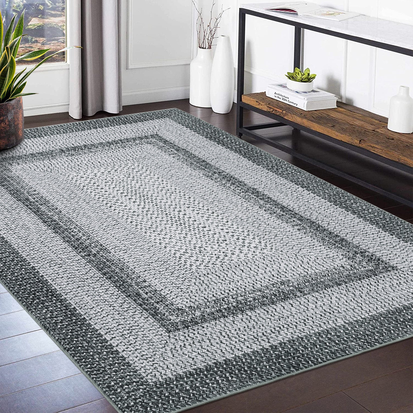 Garvee Bordered Grey 9x12 Boho Braided Area Rug, Washable Vintage Low-Pile Carpet with Non-Slip TPR Backing, Foldable Polyester for Living Room, Bedroom, Office