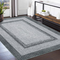 Garvee Bordered Grey 9x12 Boho Braided Area Rug, Washable Vintage Low-Pile Carpet with Non-Slip TPR Backing, Foldable Polyester for Living Room, Bedroom, Office