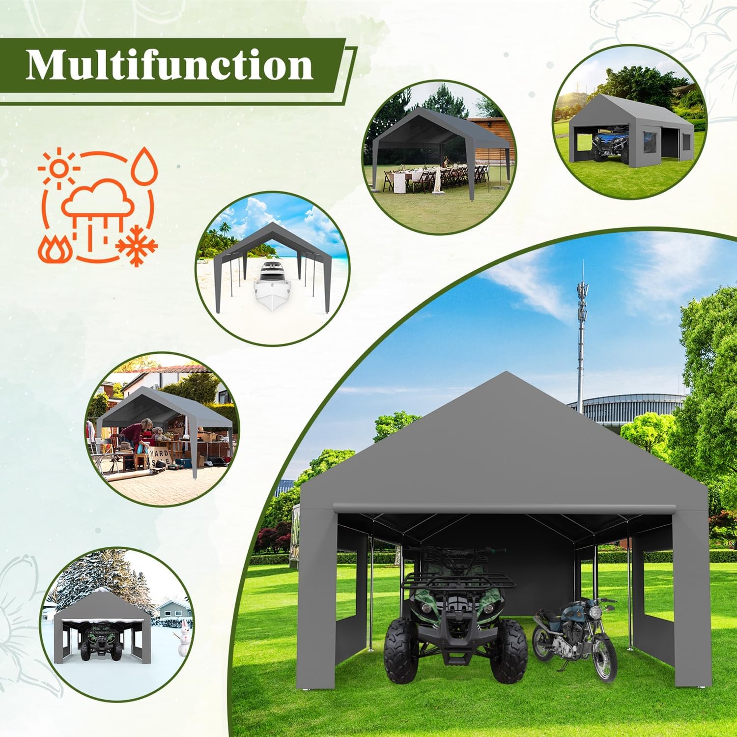 Garvee 13'x20' Heavy-Duty Portable Garage - Rust-Resistant Steel Frame, Roll-Up Doors & Windows for Ventilation, Multi-Use Shelter for Vehicles & Parties