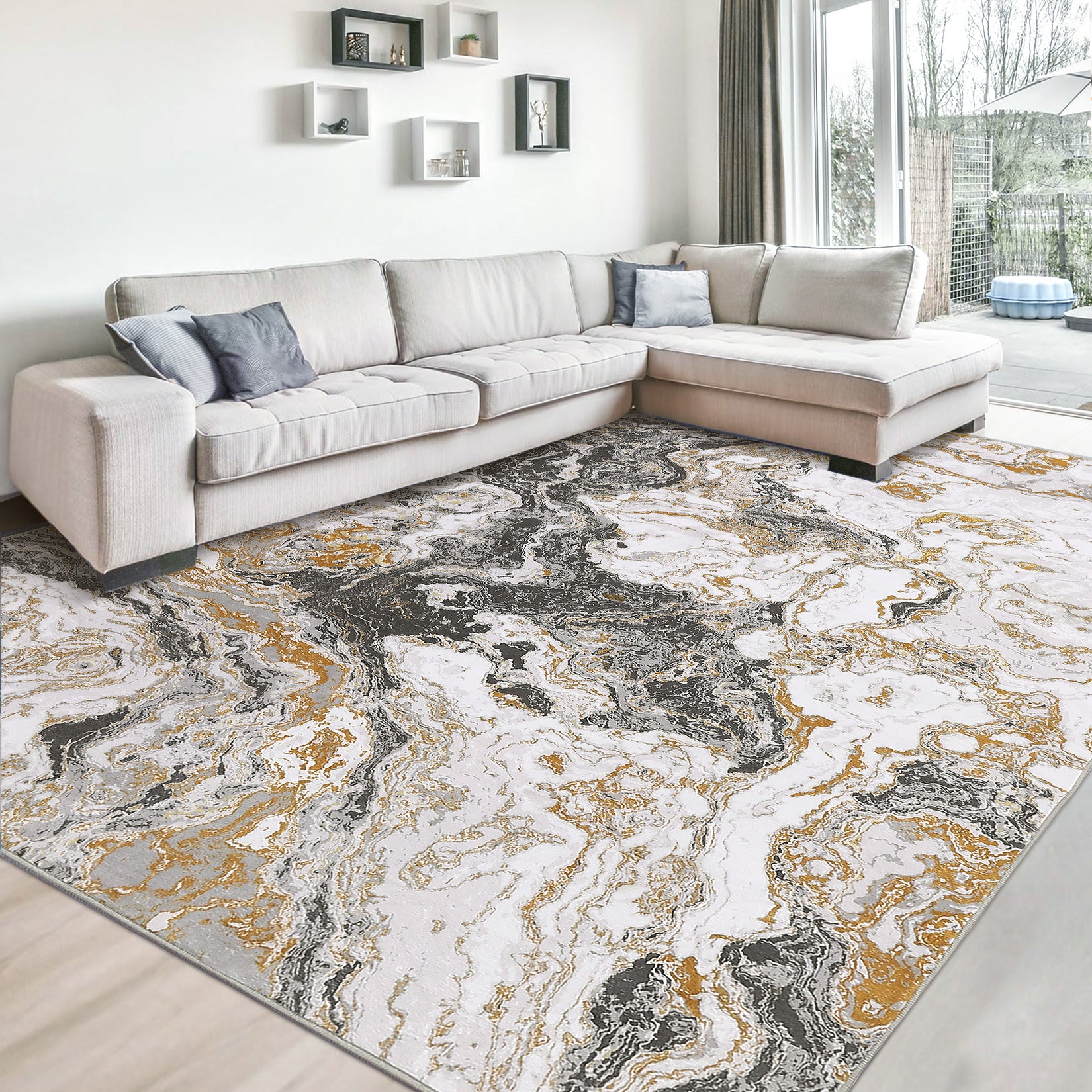 Garvee Abstract Grey 4x6 Modern Washable Rug for Living Room, Contemporary Marble Rug Soft Non Slip Indoor Floor Carpet for Laundry Room Playroom Dining Room Bedroom, Grey