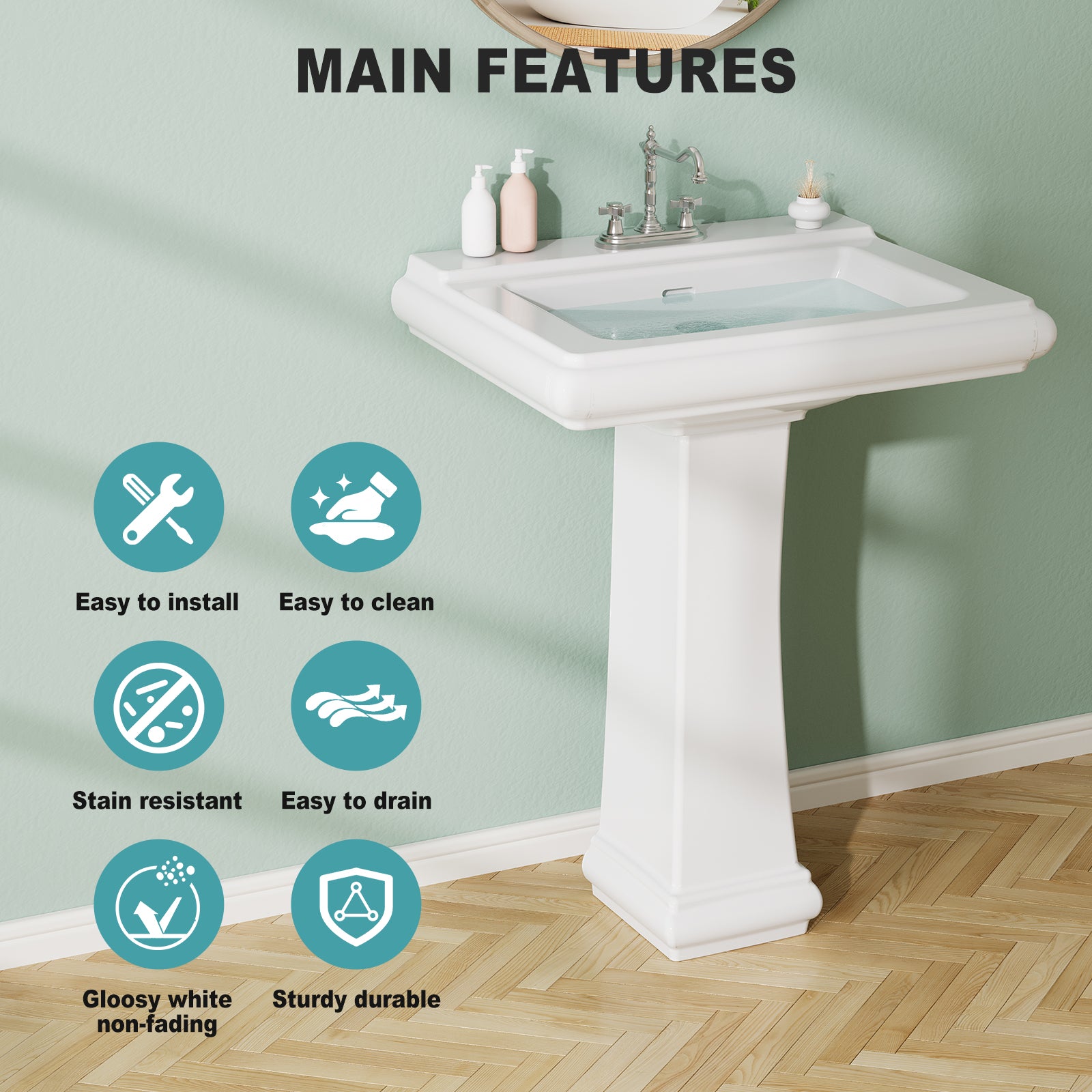 Garvee Modern White Ceramic Pedestal Bathroom Sink + Classic Clean Lines + Geometric Shape + Overflow + 3 Pre-Drilled Holes + Fits 4-Inch Faucets + Home, Hotel, Public Restroom