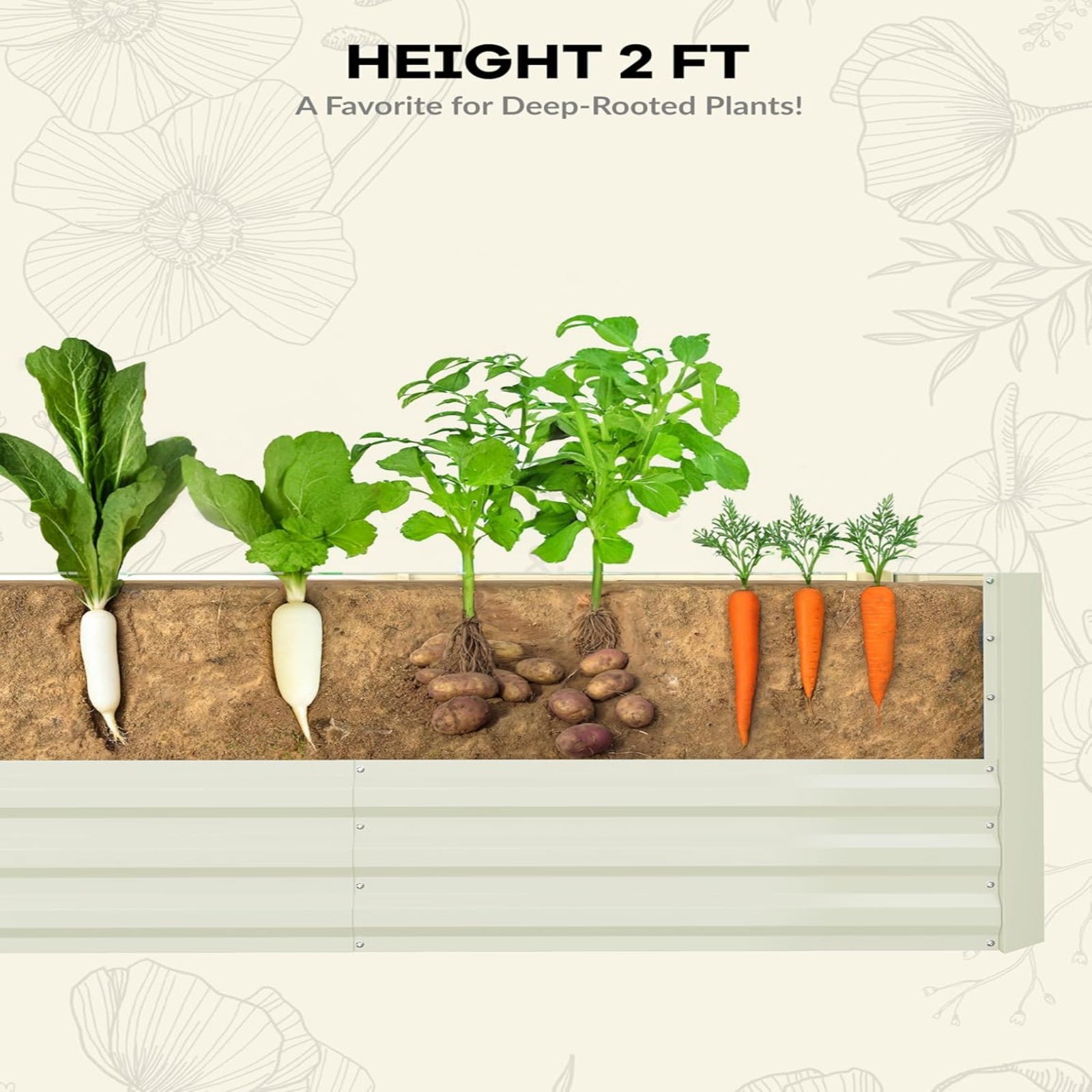 Garvee 8' × 4' × 2' Galvanized Raised Garden Bed, Metal Planter Box with Open Bottom for Vegetables, Herbs & Flowers, Beige