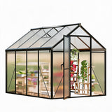 Garvee 6' × 8' Polycarbonate Greenhouse, Walk-In Garden Greenhouse with Aluminum Frame, Roof Vent, Lockable Door & Rain Gutters - Black