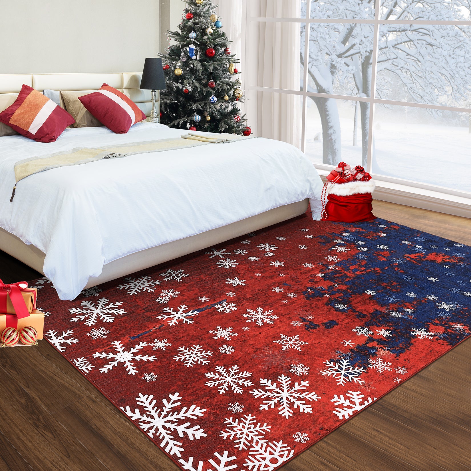 Garvee Christmas Area Rug 3x5 Rug Washable Rug Snowflake Xmas Modern Rug Small Entryway Rug Abstract Aesthetic Non Slip Carpet Soft Low Pile Accent Rugs for Nursery Living Room 3'x5' Red&Blue