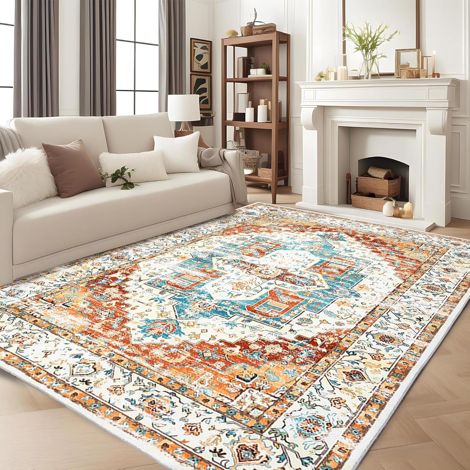 Garvee 6 * 9ft Area Rug - Thin Washable Entryway Rug, Stain Resistant, Non Slip, Non Shedding, Pet Friendly, Vintage Carpet for Indoor Bedroom, Living, Kitchen, Laundry Room, Reddish Brown