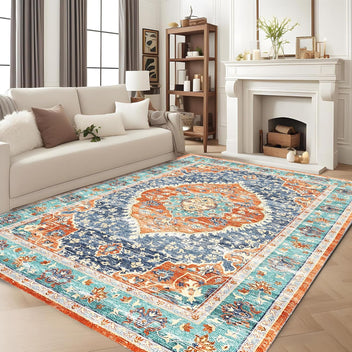Garvee Red & Blue 5x7 Area Rug - Stain Resistant Washable Rug, Non-Slip Backing, Low Profile, for Living Room, Bedroom, and Dining Room