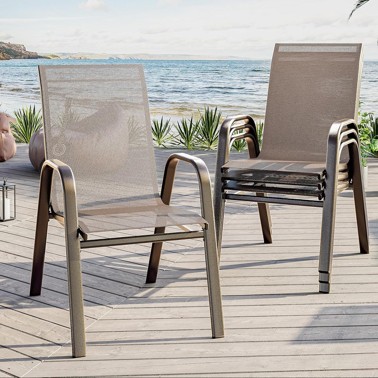 Garvee Stackable Patio Dining Chairs Set of 4, High-Back Textilene Outdoor Chairs with All Black Powder-Coated Steel Frame, All-Weather Deck Garden Seating, Brown