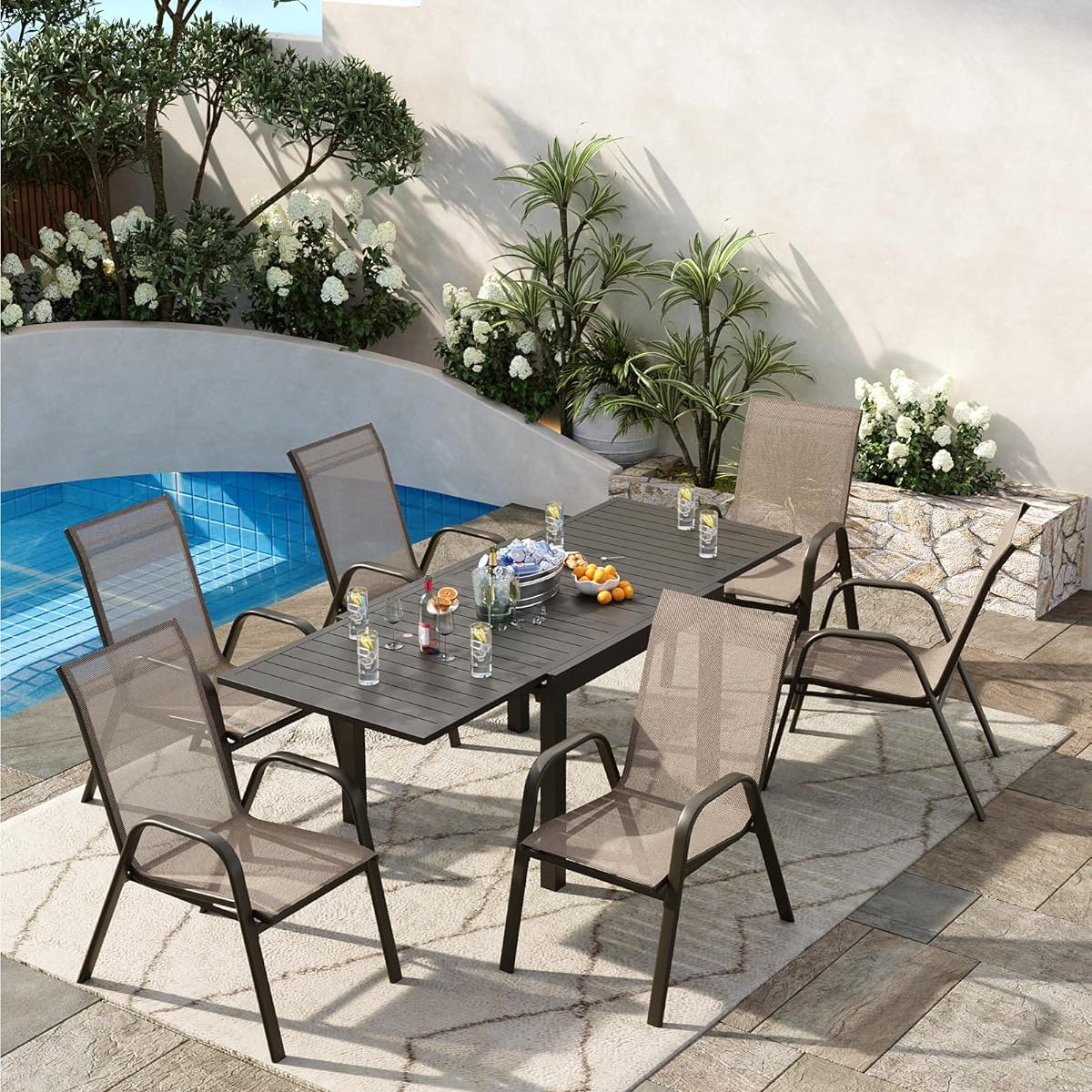 Garvee Stackable Patio Dining Chairs Set of 4, High-Back Textilene Outdoor Chairs with All Black Powder-Coated Steel Frame, All-Weather Deck Garden Seating, Brown