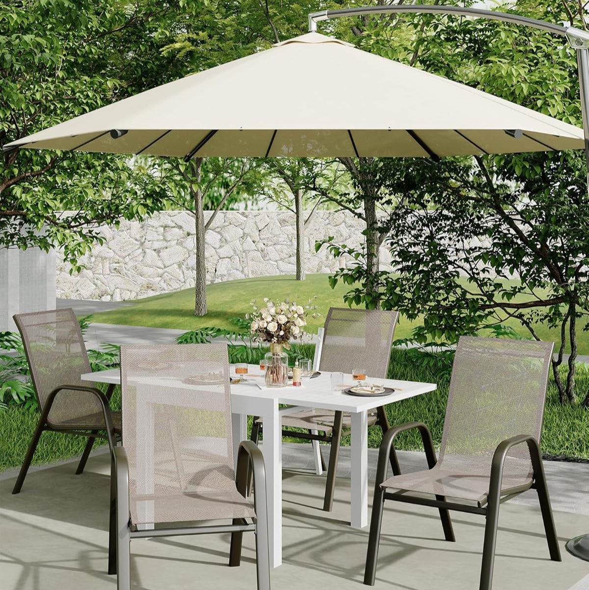 Garvee Stackable Patio Dining Chairs Set of 4, High-Back Textilene Outdoor Chairs with All Black Powder-Coated Steel Frame, All-Weather Deck Garden Seating, Brown