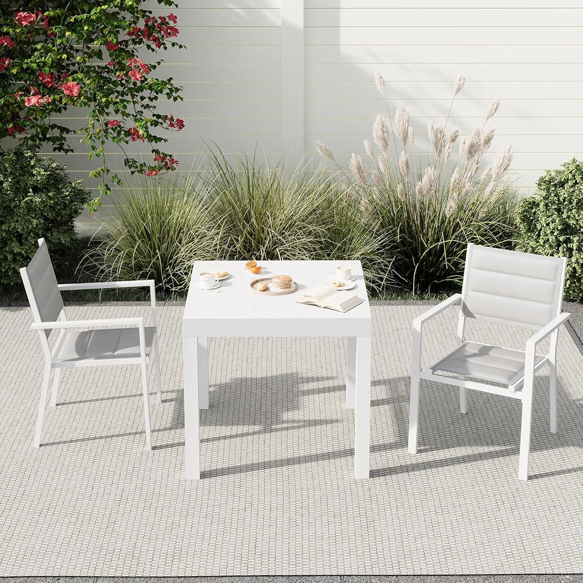 Garvee Patio Stackable Chairs Set of 2, Outdoor Aluminum Stacking Dining Chairs with Textilene Fabric for Outdoor, Patio, Deck, Backyard,White
