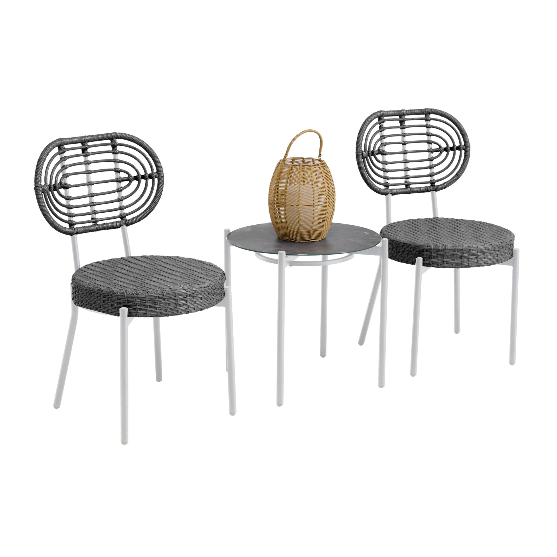 Garvee 3 Piece Patio Bistro Set, Outdoor Wicker Chairs with Table, Rattan Patio Furniture Set for Outdoor, Patio, Deck, Backyard, White & Grey