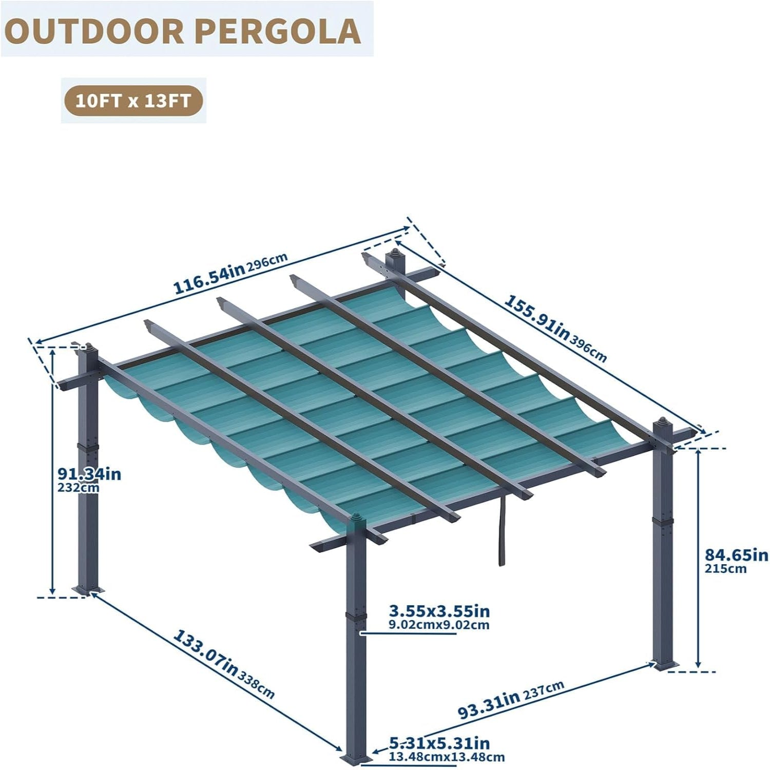 Garvee 10x13 FT Outdoor Pergola for Patio – Wood-Grain Aluminum with Retractable Waterproof Canopy, 4-Side Stability Base for Deck & Backyard